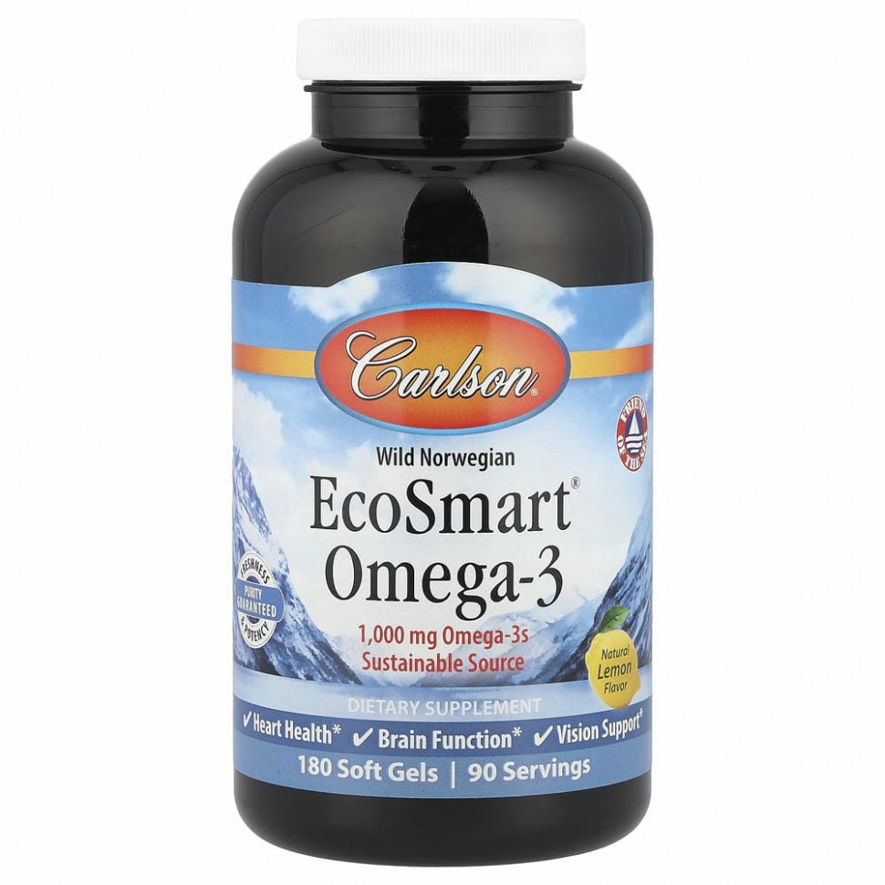 Carlson Labs, EcoSmart Omega-3, натуральный ароматизатор «Лимон», 500 мг, 180 мягких таблеток