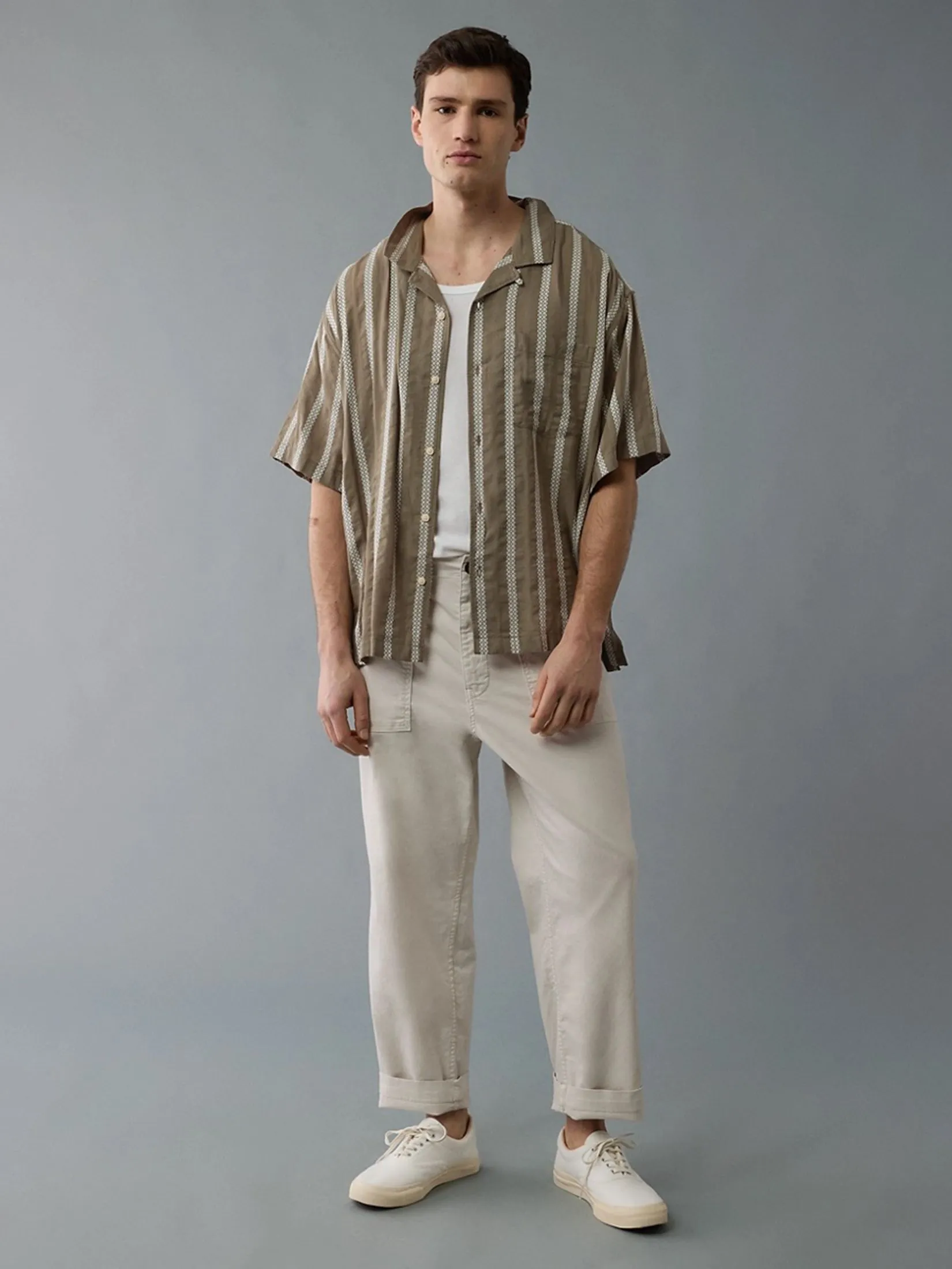 AMERICAN EAGLE MEN 2768 SS OVERSIZED CAMP COLLAR OTIS DOBBY STRIPE 309 OLIVE