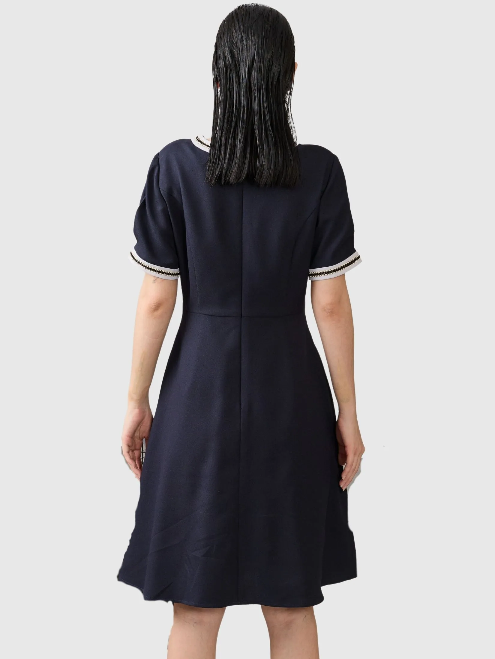 AMILA Women Dress Short Sleeves Moss Crepe Navy Blue