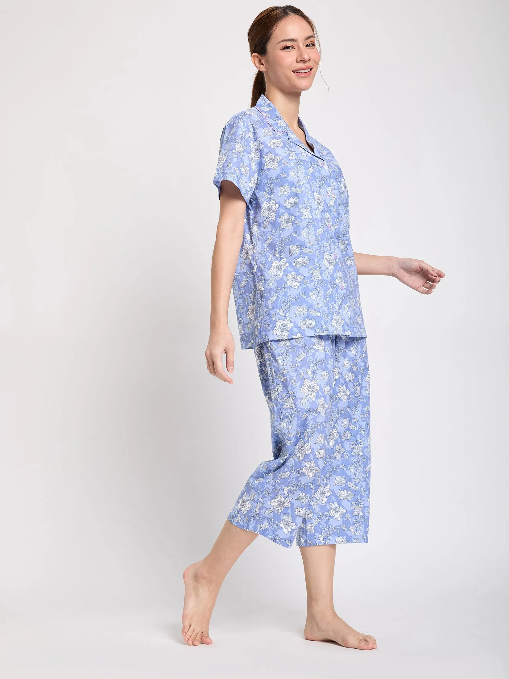 CLAUDIA'S ROMANCE Women Pyjamas Hawaii Shirt Short Sleeves + Cropped Pants Print Blue