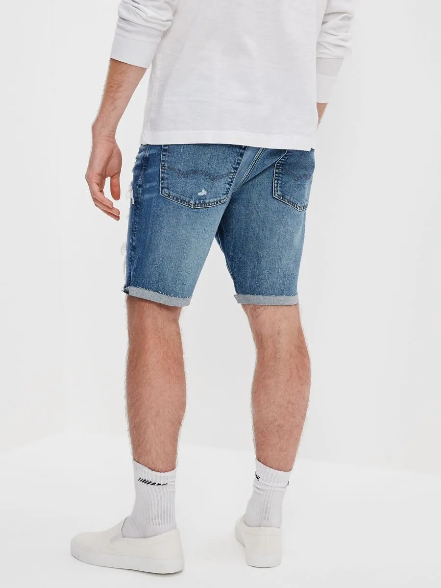 AMERICAN EAGLE MEDIUM DESTROY W/ INDIGO PRINTED BACKING DENIM CUTOFF SHORT - CUT & CUFF 826 MEDIUM DESTROY