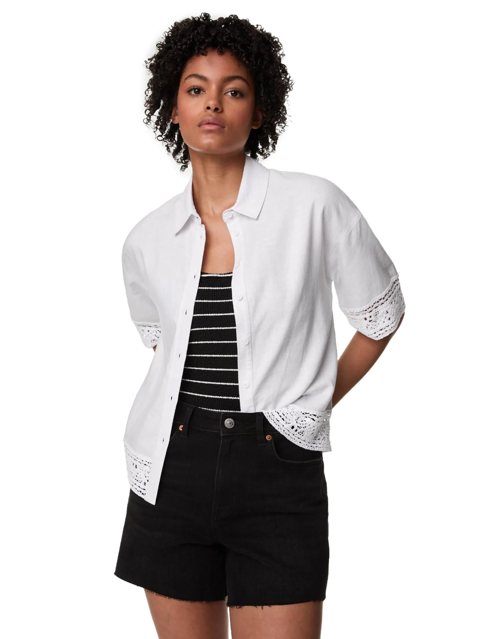 MARKS & SPENCER Women Shirt Linen Rich Crochet Collared White