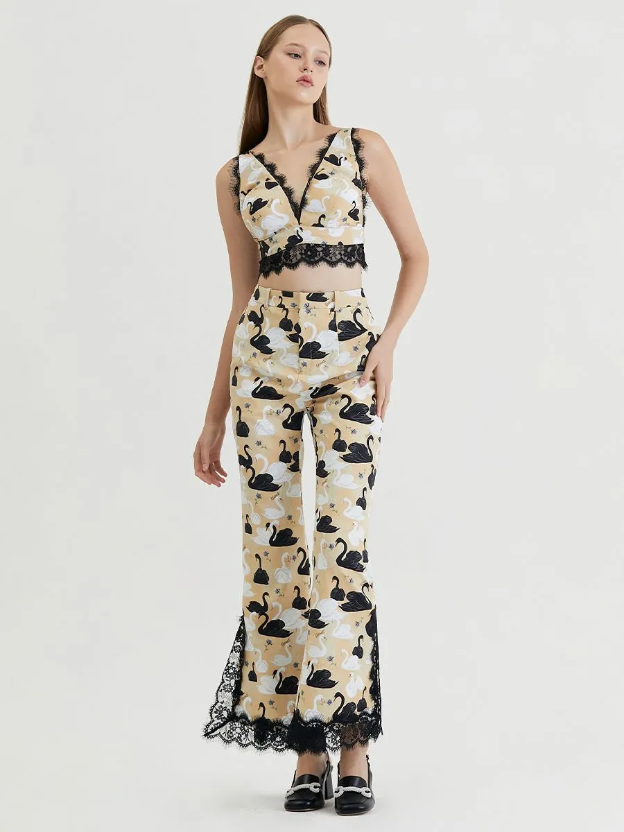 KLOSET (RS24) Swan Print With Lace Trim Top Beige