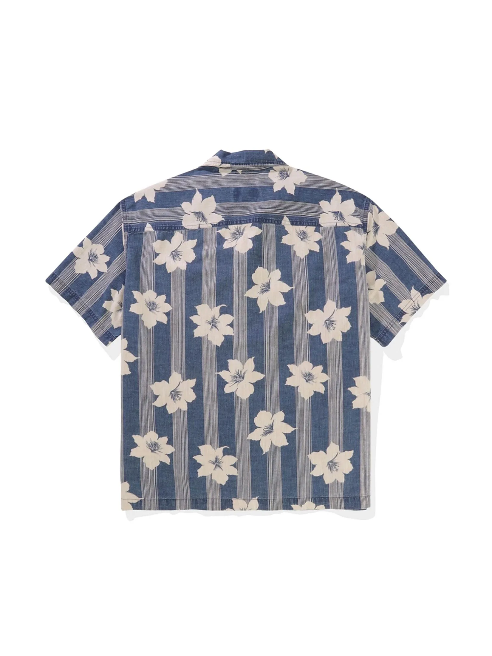 AMERICAN EAGLE MEN LUKE SS OVERSIZED CAMP COLLAR INDIGO DISCHARGE PRINT 400 BLUE