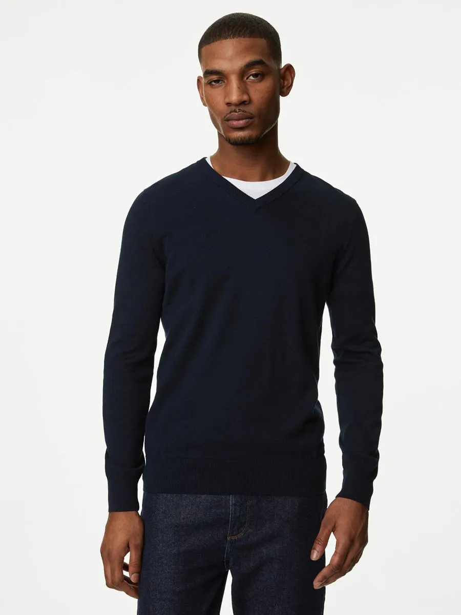 MARKS & SPENCER Men Jumpers V-Neck Pure Cotton Knitted F0_Navy