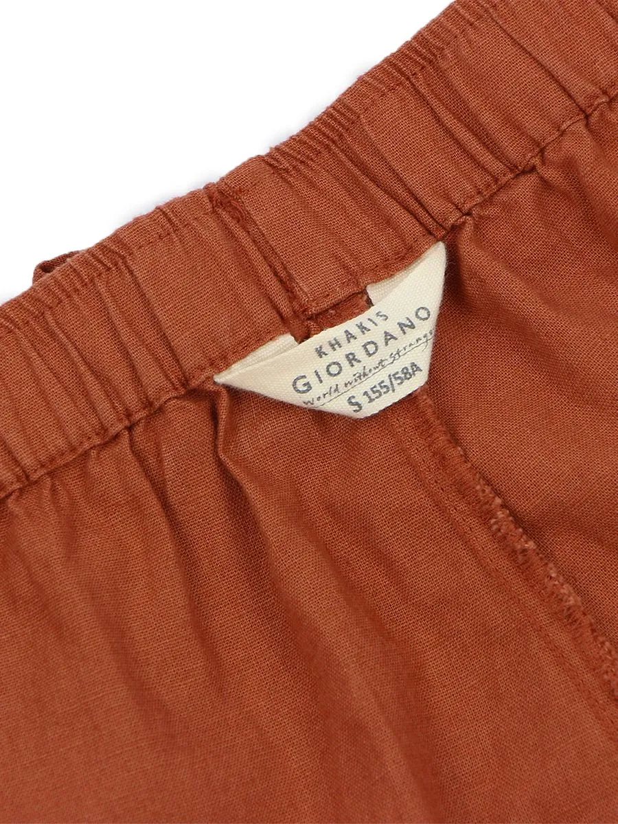 GIORDANO Women's High Waist Drawstring Linen Pants Baked Clay Red