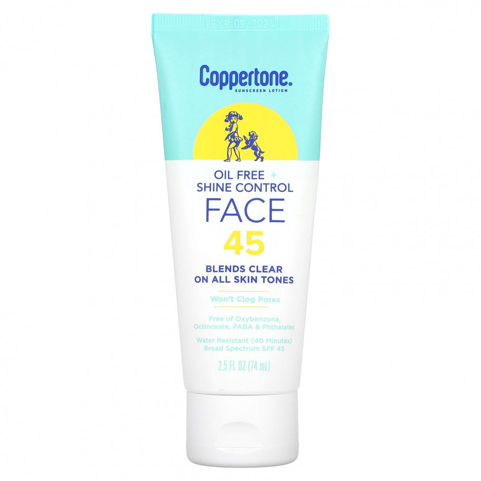 Coppertone, Солнцезащитный лосьон, без масла и контроля блеска, для лица, SPF 45, 74 мл (2,5 жидк. Унции)
