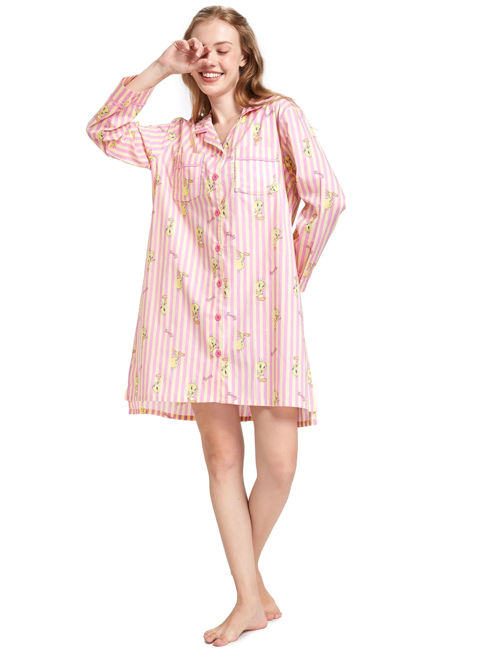 SWEET SENSATIONS Women Pyjamas Dress Long Sleeves Collar Neck Tweety Yellow