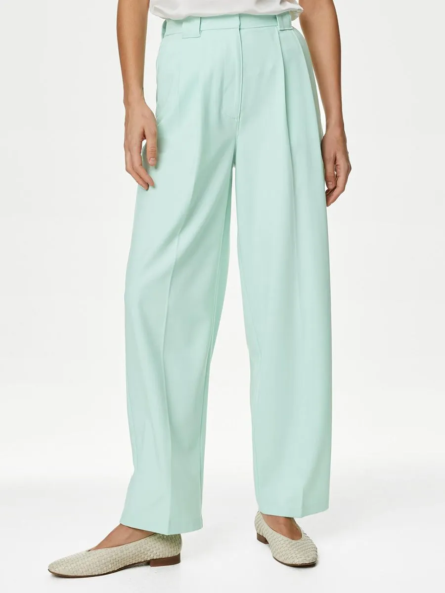 MARKS & SPENCER Women Trousers Pleat Front Relaxed Straight Light Green