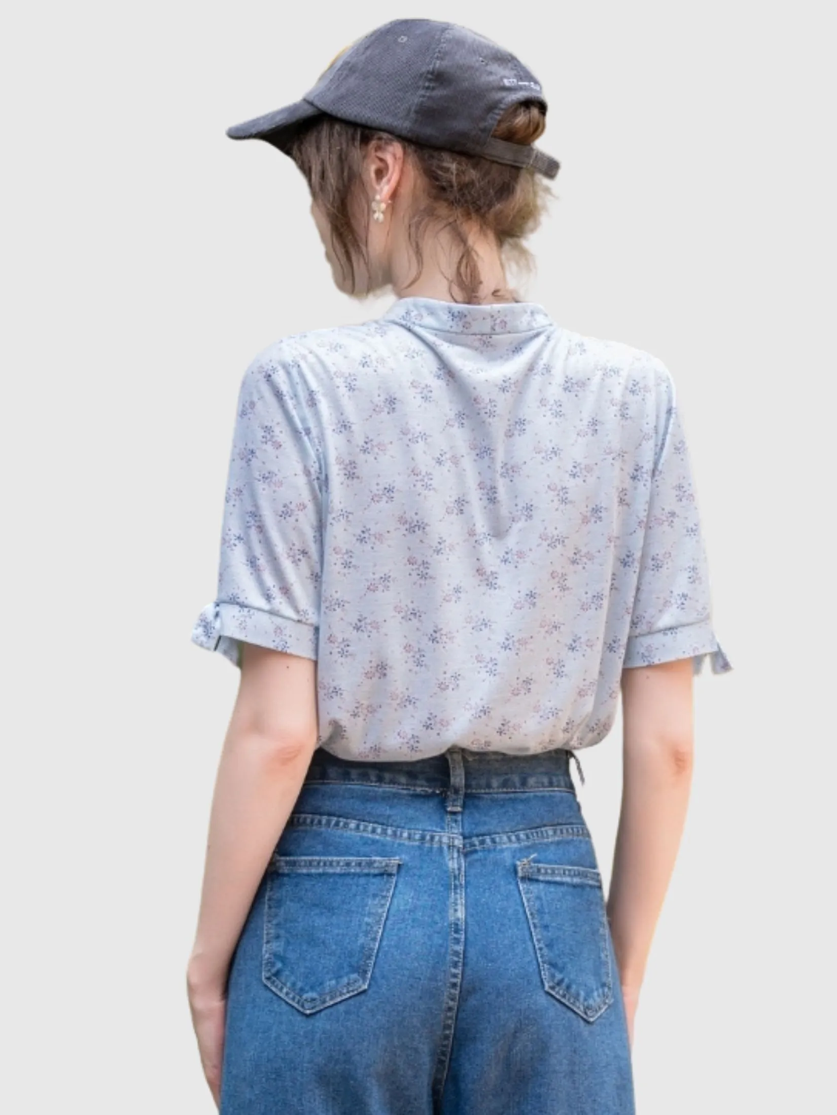 AMILA Women Blouse Short Sleeves Spun Print Blue