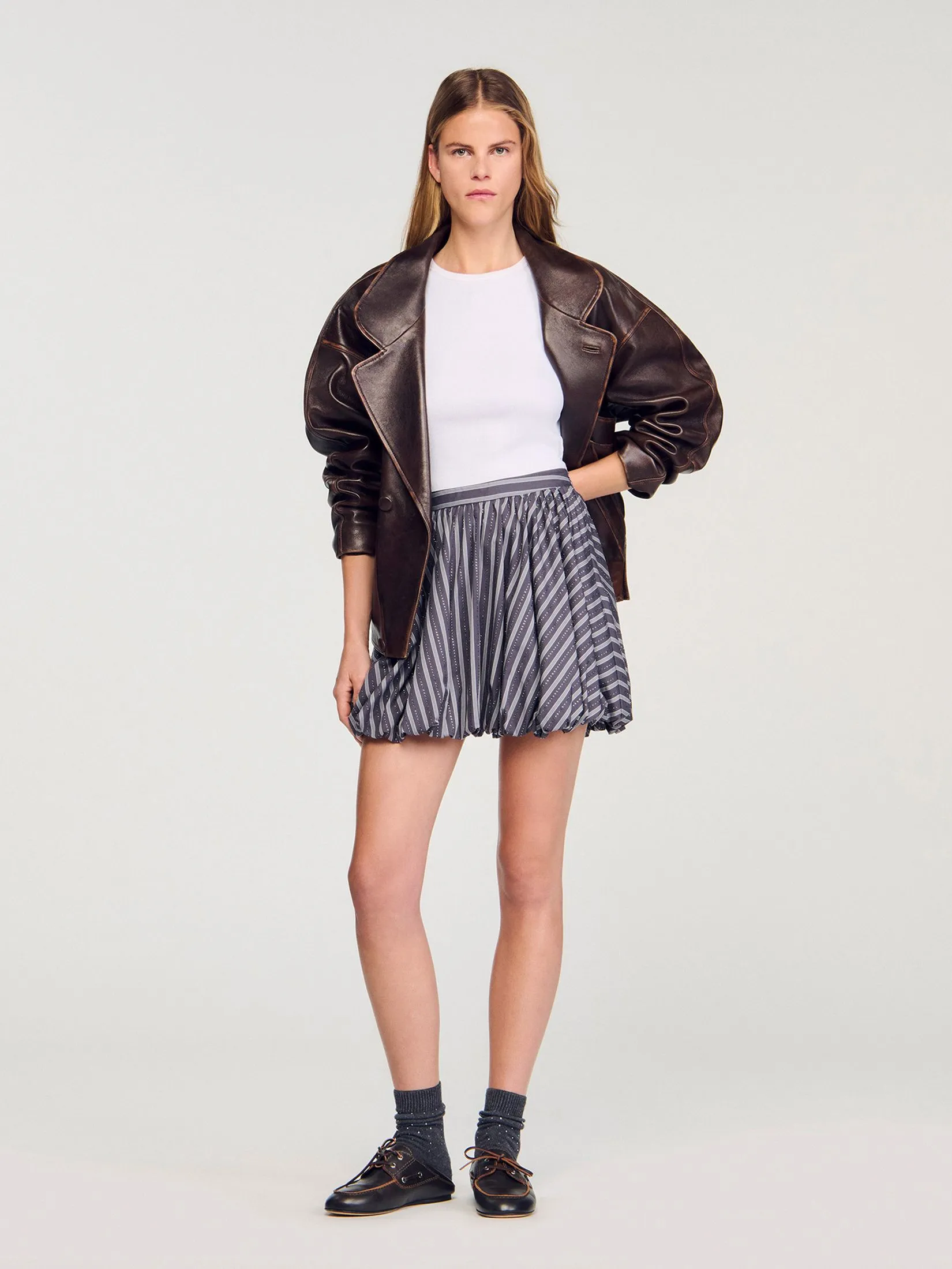 SANDRO Striped Rhinestone Bubble Skirt