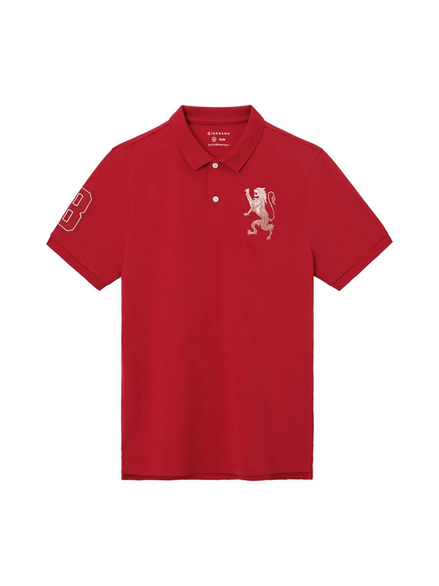 GIORDANO Men's Lycra Pique Embroidery Polo (3D Lion)  Haute Red