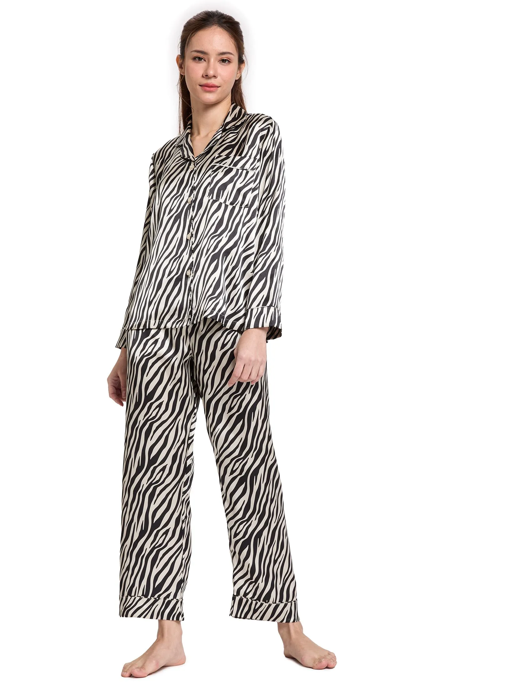 MARIA VICTORIA Women Pyjamas Hawaii Shirt Long Sleeves + Pants Print Beige