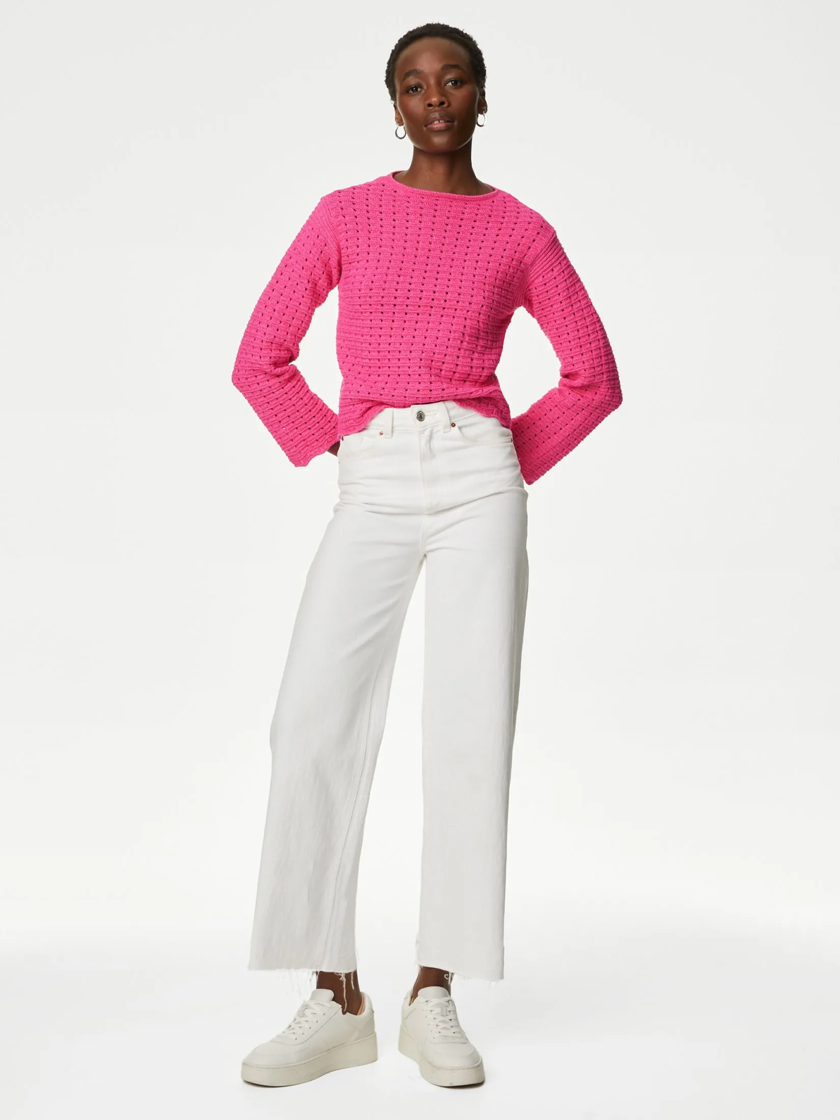 MARKS & SPENCER Women Sweater Cotton Rich Textured Crew Neck Jumper Bright Rose