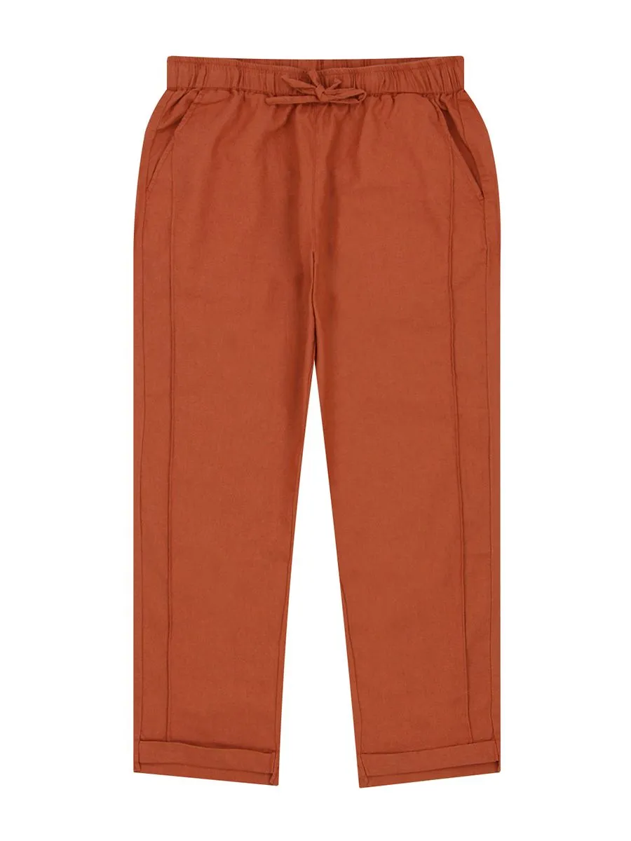 GIORDANO Women's High Waist Drawstring Linen Pants Baked Clay Red