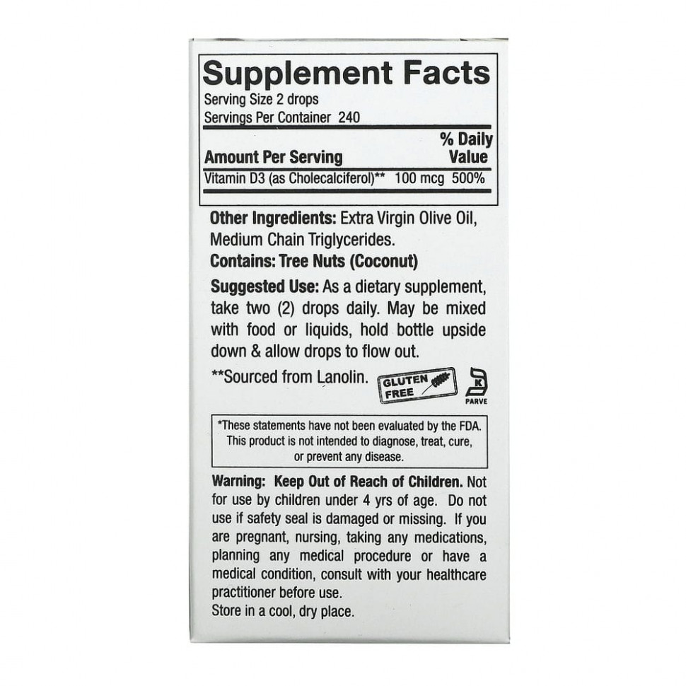 Nature's Answer, витамин D3 в каплях, 100 мкг (4000 МЕ), 15 мл (0,5 жидк. унции)