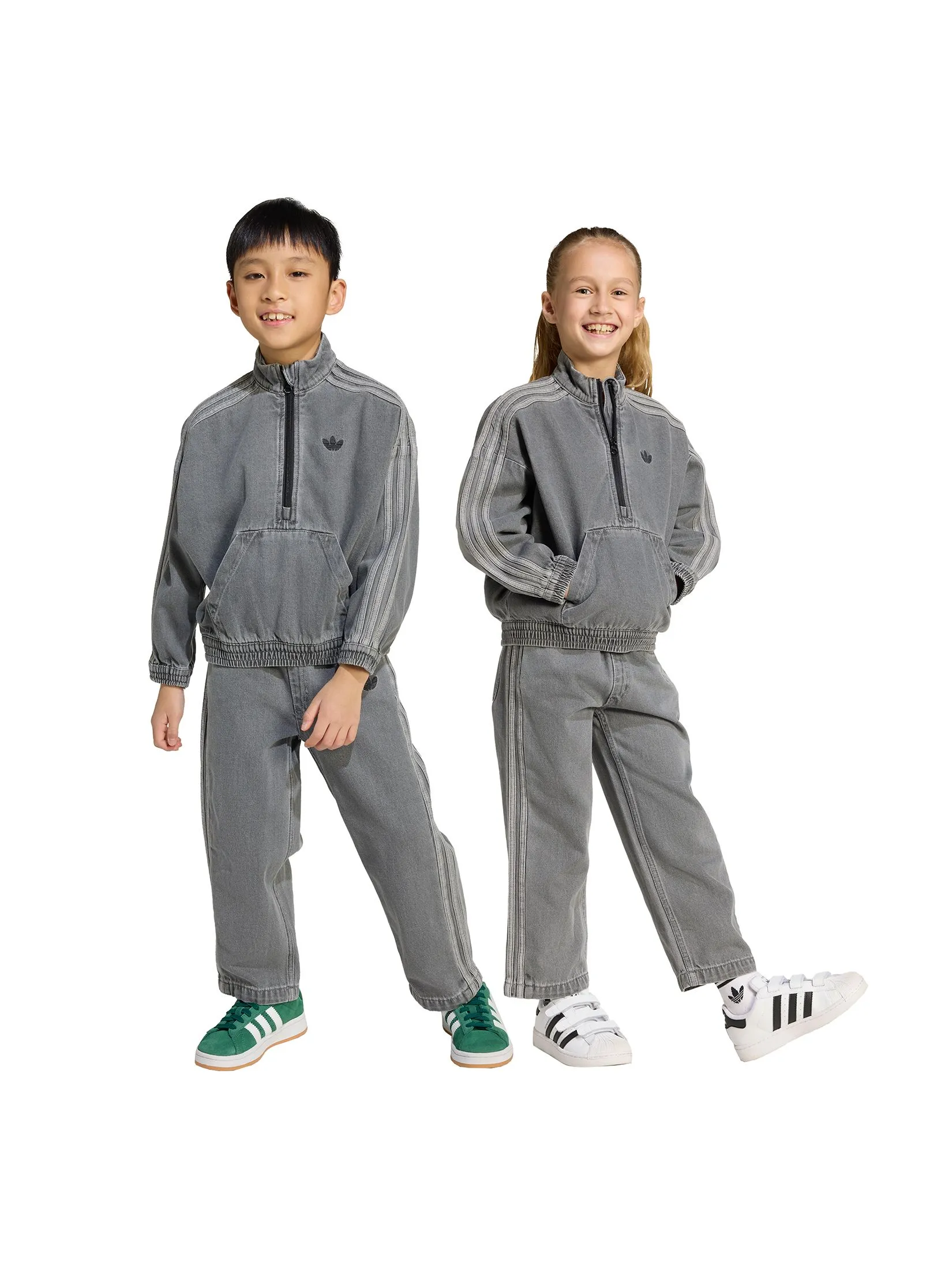 ADIDAS KIDS Unisex Toddler Denim Crew Jacket + Pants Set Grey Beige