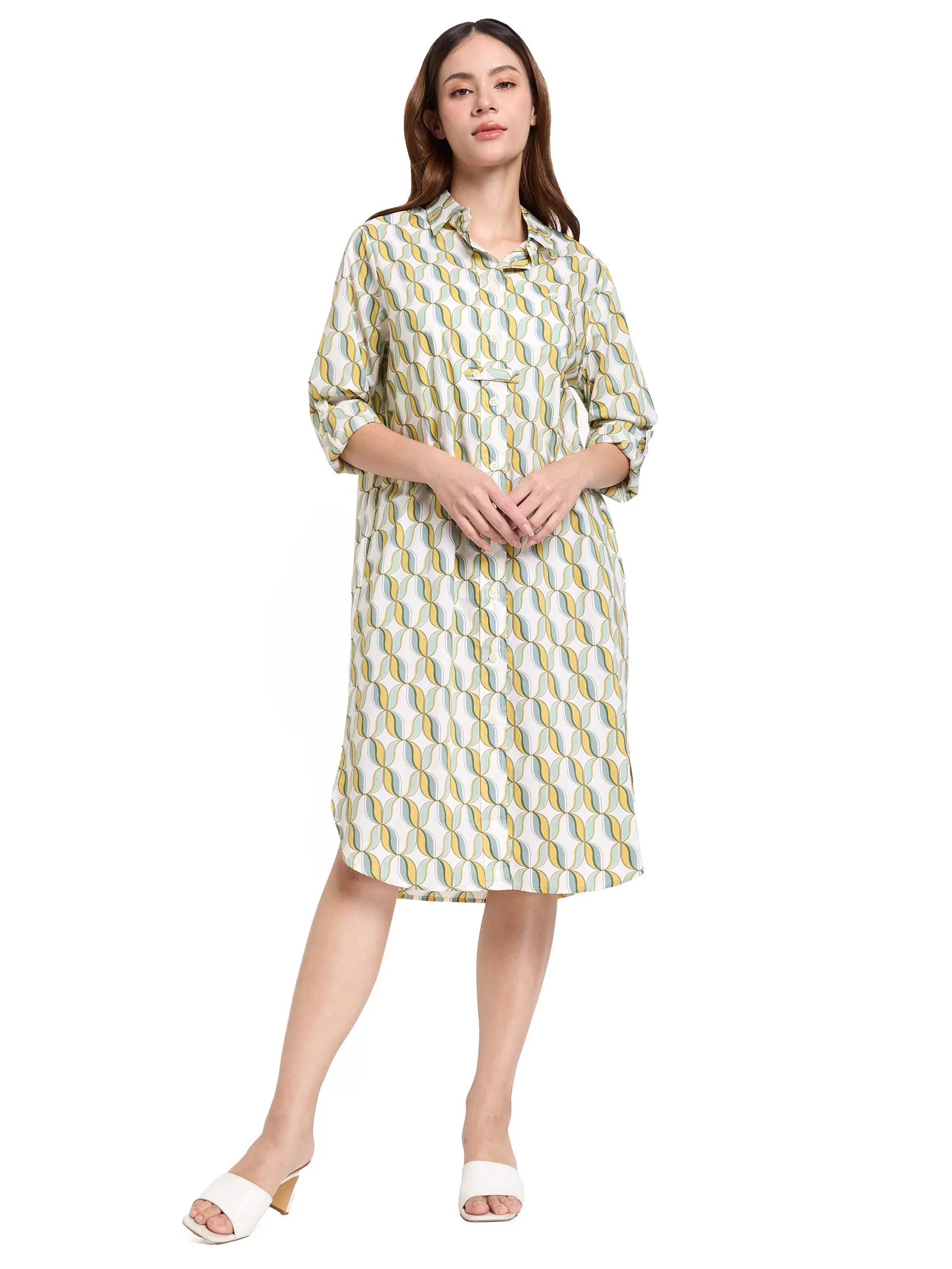 ALUMNUS Women Dress Long Sleeves Collar Neck Print Yellow