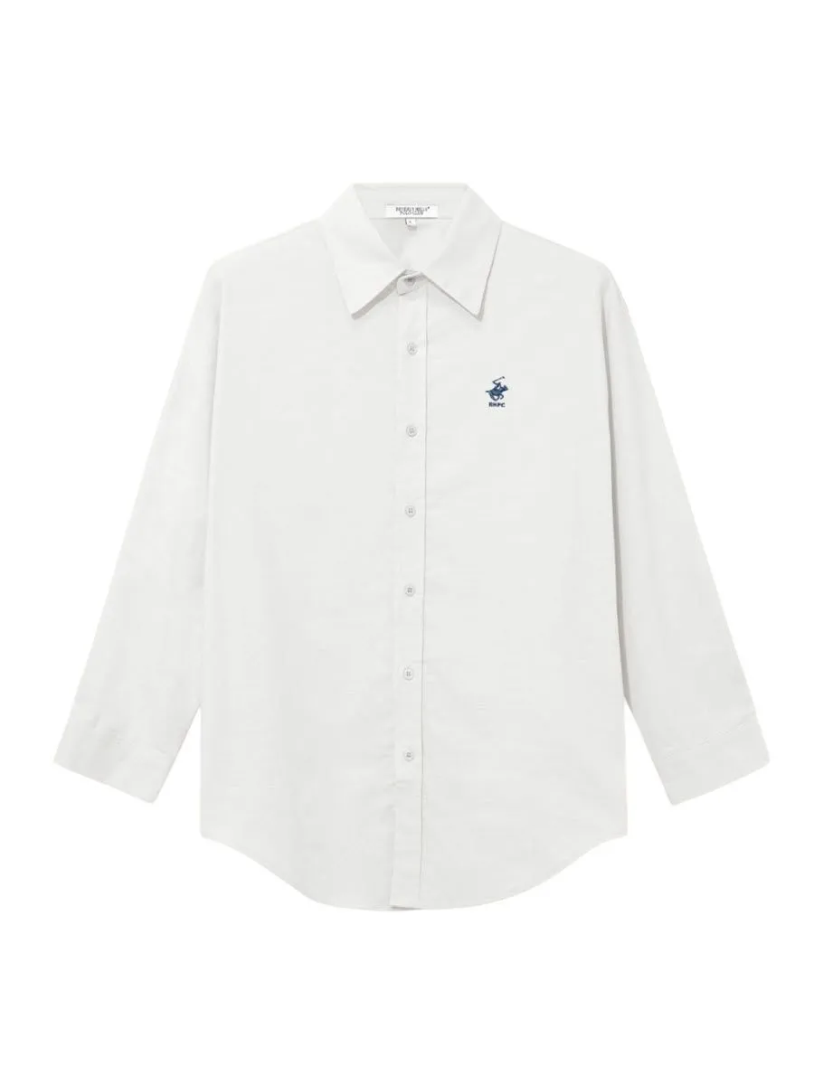 BEVERLY HILLS POLO CLUB Women Cotton Linen Relax Fit Shirt Long Sleeve, Cream