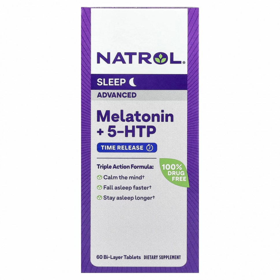 Natrol, мелатонин + 5-HTP, улучшенный сон, 60 двухслойных таблеток