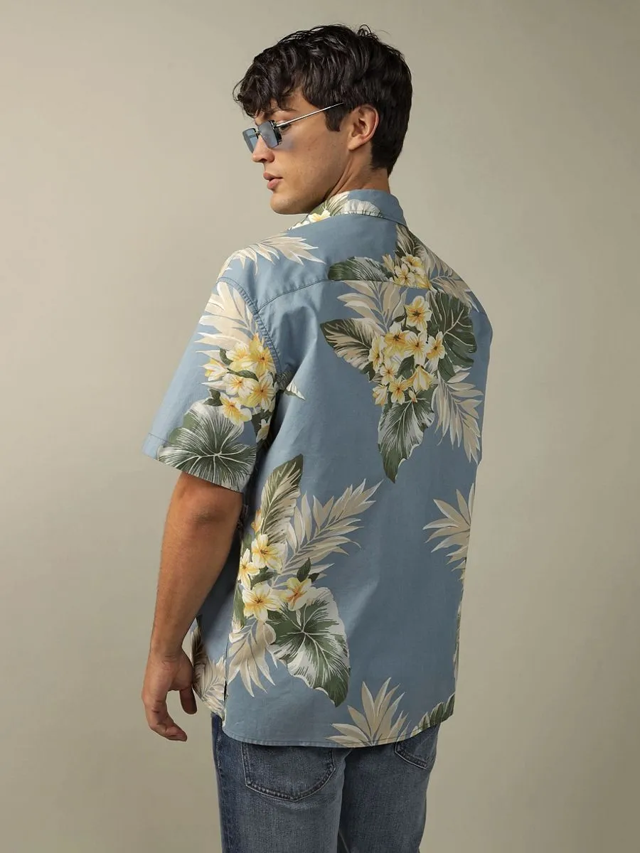 AMERICAN EAGLE MEN ANDREW FLORAL SS OVERSIZED CSC 32S POPLIN BLEACH WASH 402 CERULEAN BLUE