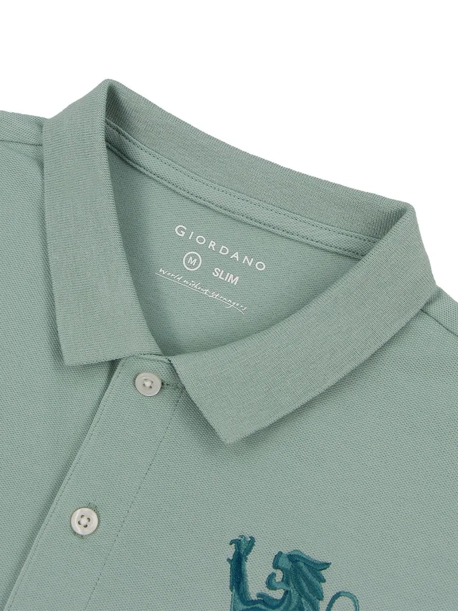 GIORDANO Men's Lycra Pique Embroidery Polo (3D Lion)  Green Surf