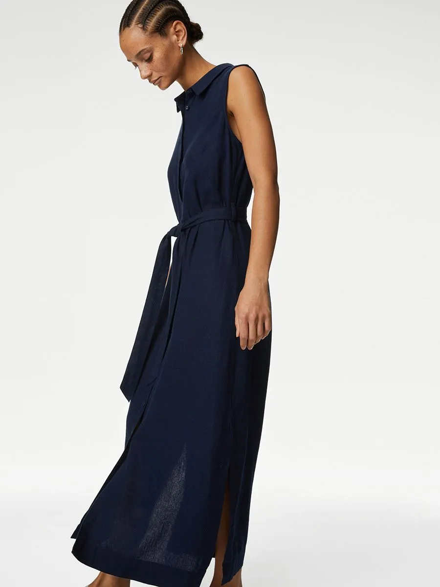 MARKS & SPENCER Women Midi Dress Button Through Linen Rich Navy