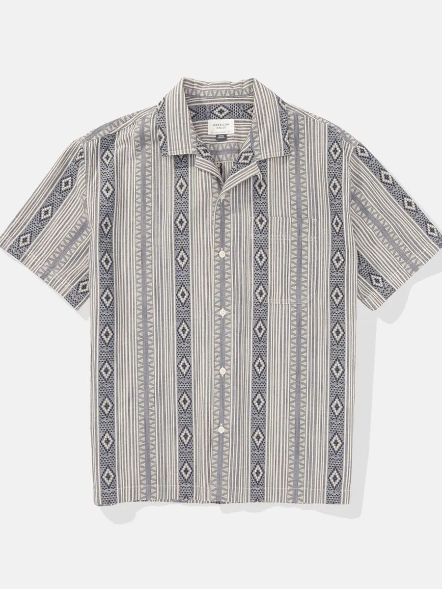 AMERICAN EAGLE MEN SS OVERSIZED CAMP COLLAR HORATIO DOBBY 425 STEEL BLUE