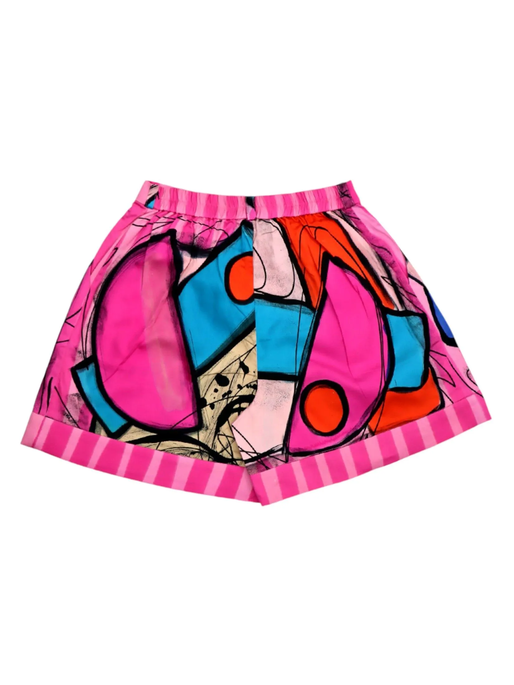 YODYOKO Woman Short Pants With Zipper - Pink : Abstract pink and red circles on square blocks.