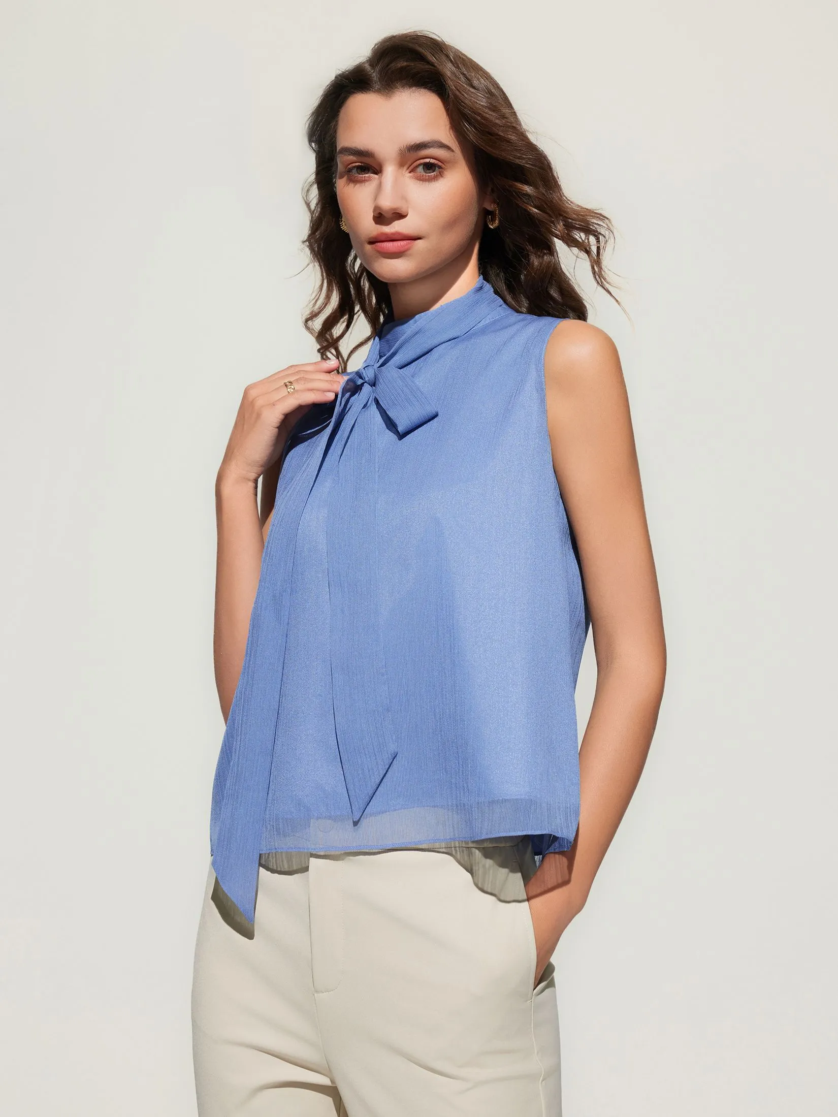 G2000 Women Clothing Stand Collar Blouse With Detachable Tie Regular Fit - Blue