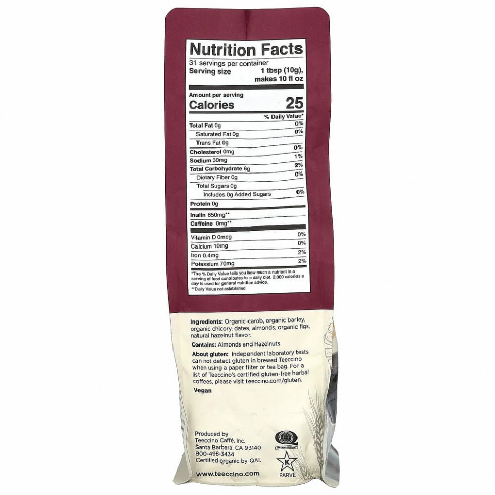 Teeccino, травяной кофе из цикория, средней прожарки, без кофеина, фундук, 312 г (11 унций)