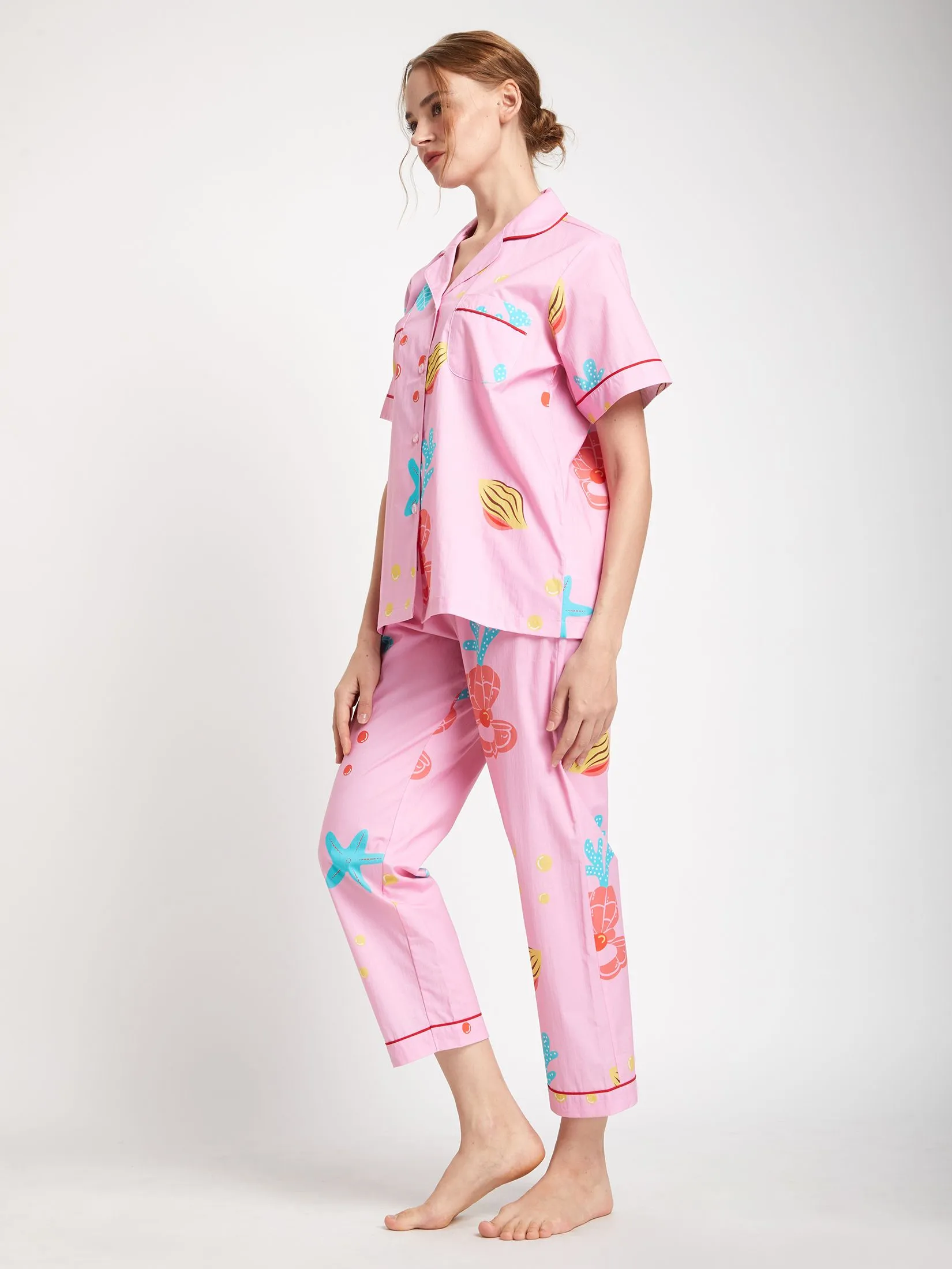 FOF Women Pyjamas Shirt Short Sleeves Crew Neck + Pants Sea Print Pink