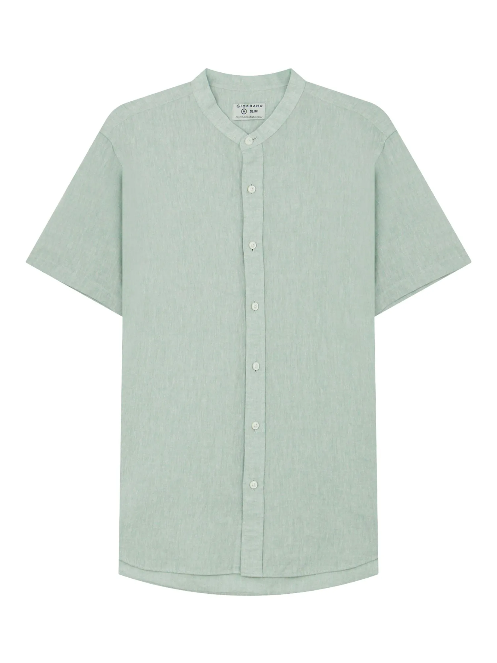 GIORDANO Men's Slim Mandarin Collar Linen Shirt Aqua Gray green