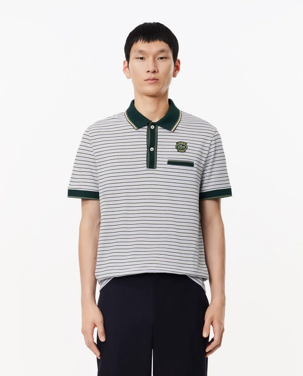 LACOSTE Striped Cotton Piqu  Heritage Badge Polo Shirt Light Blue