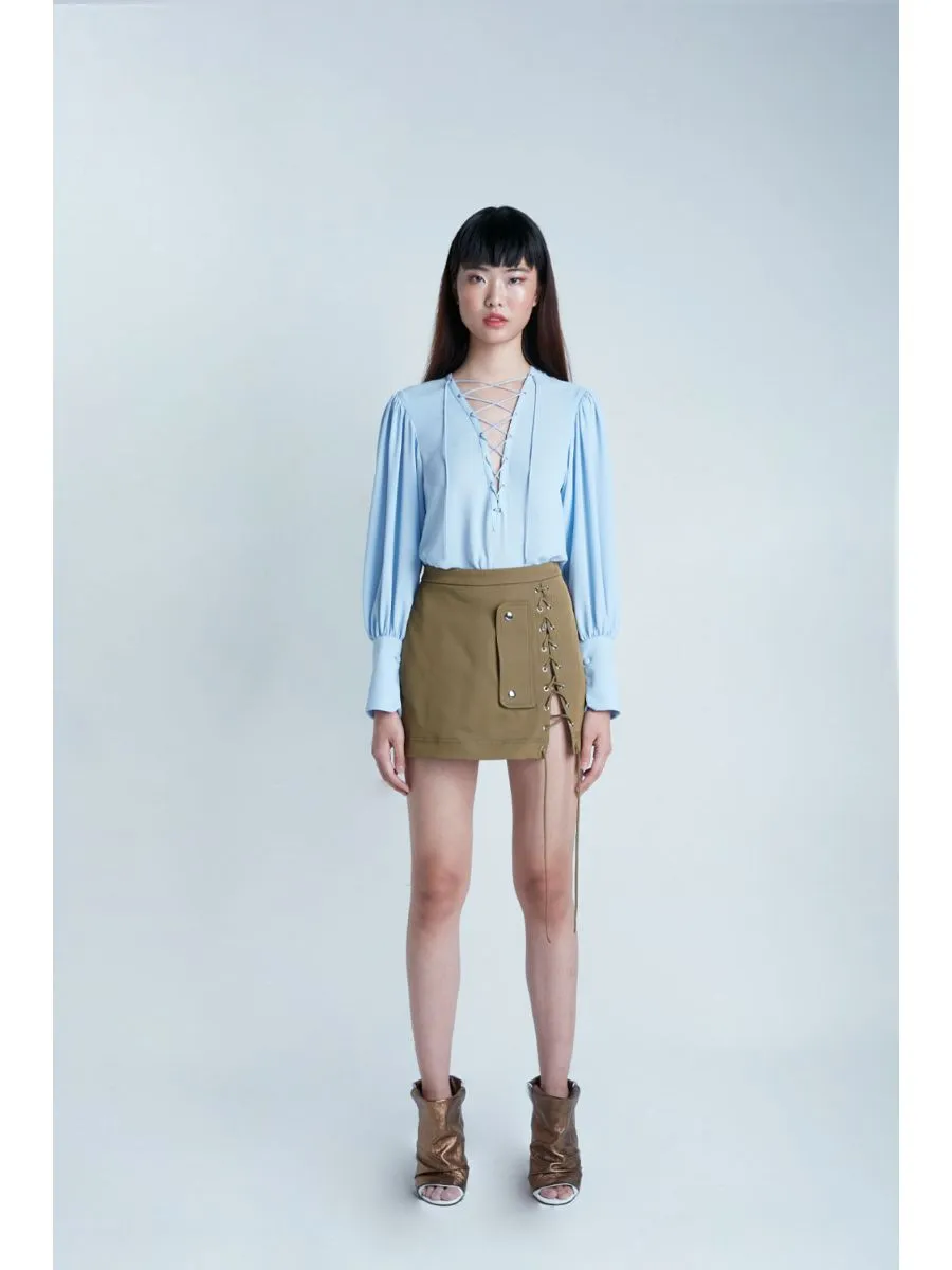 SENADA WOMEN OLIVE CRISS CROSS MINI SKIRT