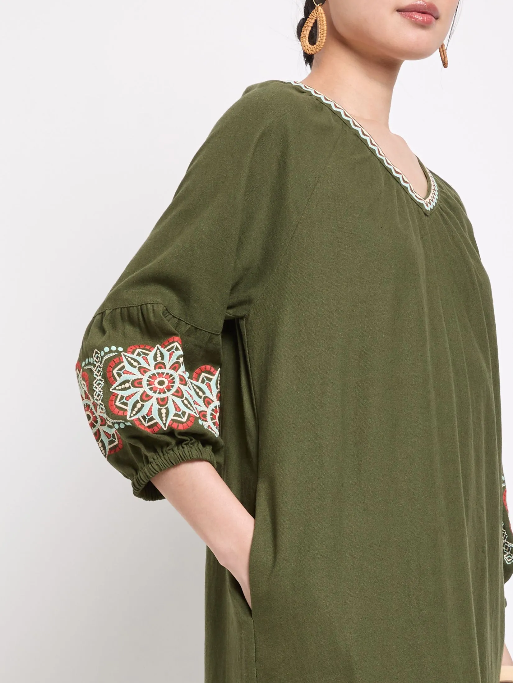 JOURNAL Women Dress Long Sleeves V-Neck Cuff Embroidered Band