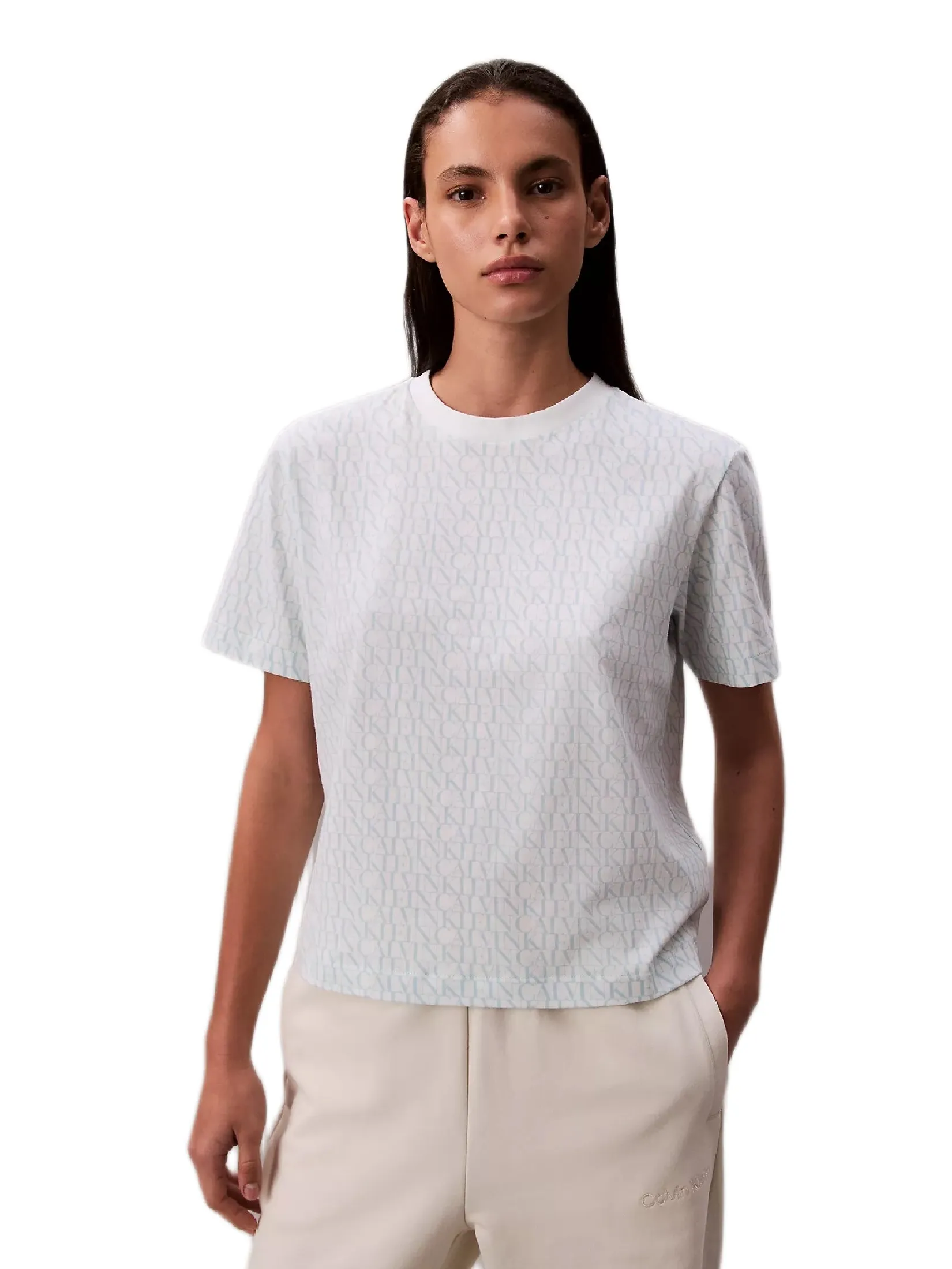 CALVIN KLEIN Women s Allover Monogram Boxy T-Shirt White Size - L