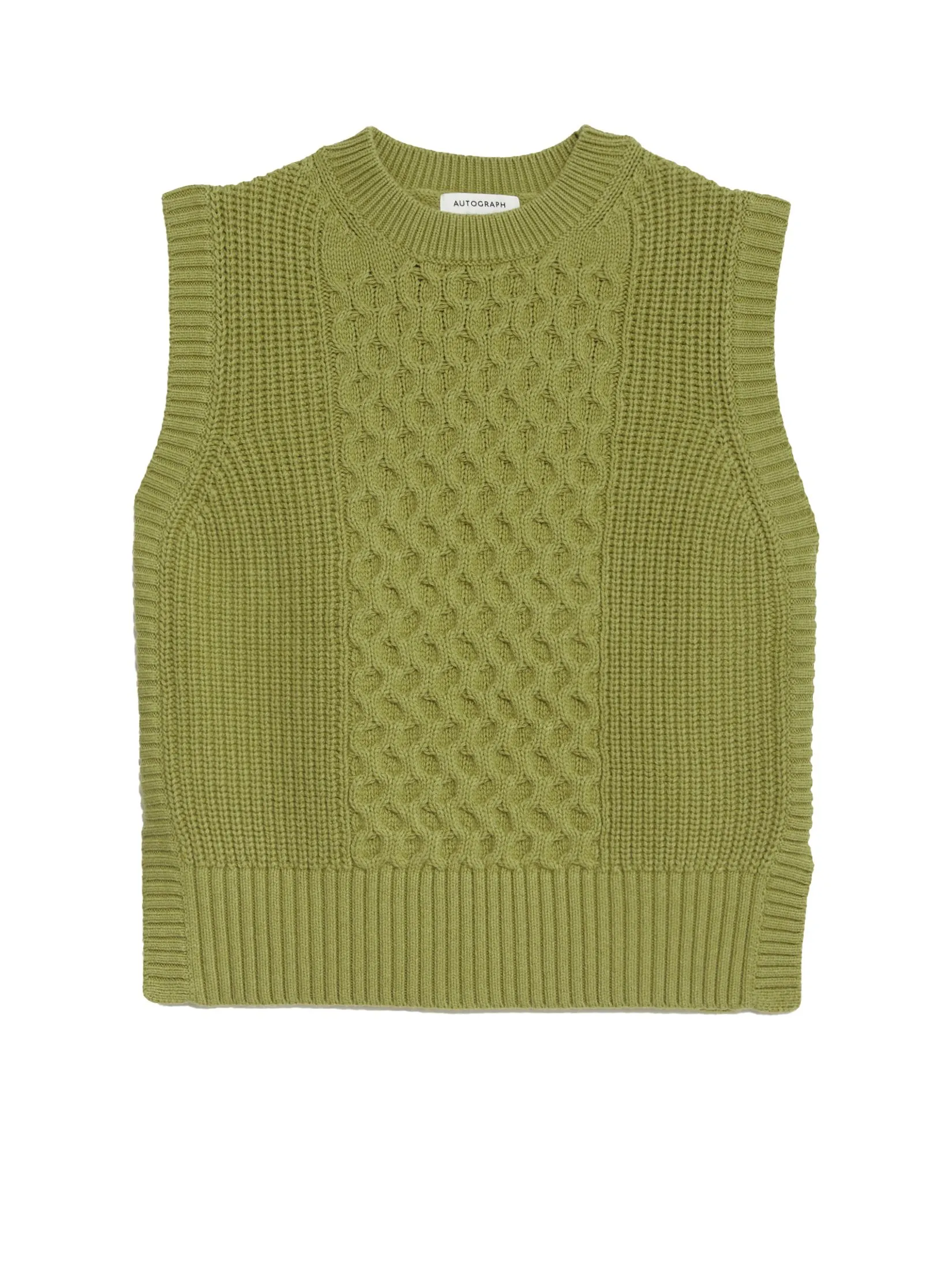 MARKS & SPENCER Women Vest Wool Rich Cable Knit Round Neck Knitted Willow