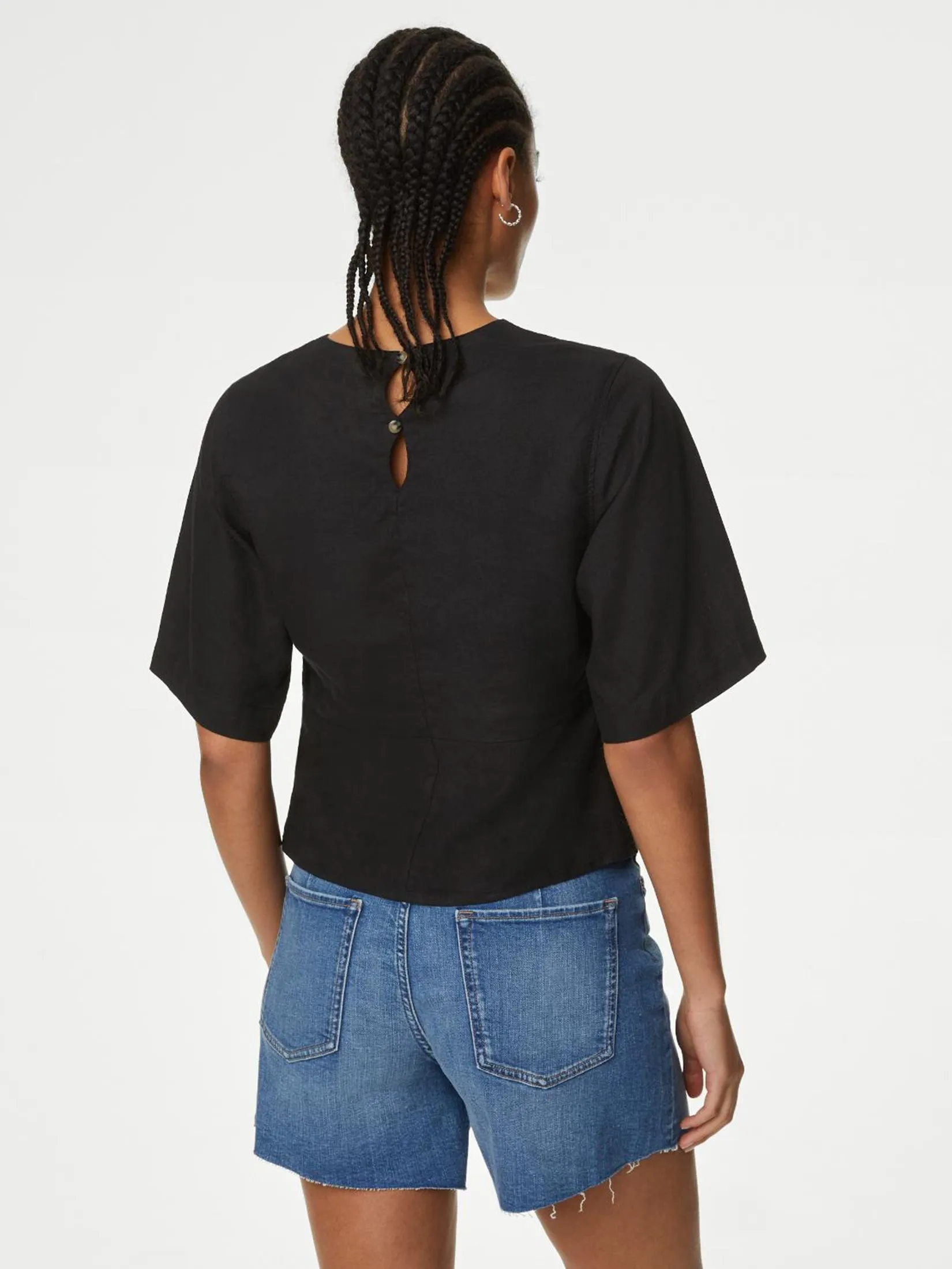 MARKS & SPENCER Women Blouse Linen Rich V Neck Kimono Sleeve Black