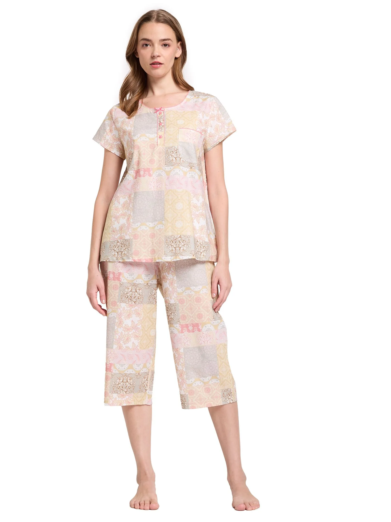 CLAUDIA'S ROMANCE Women Pajamas Polo Style Short Sleeves + 4-Part Pants Brown