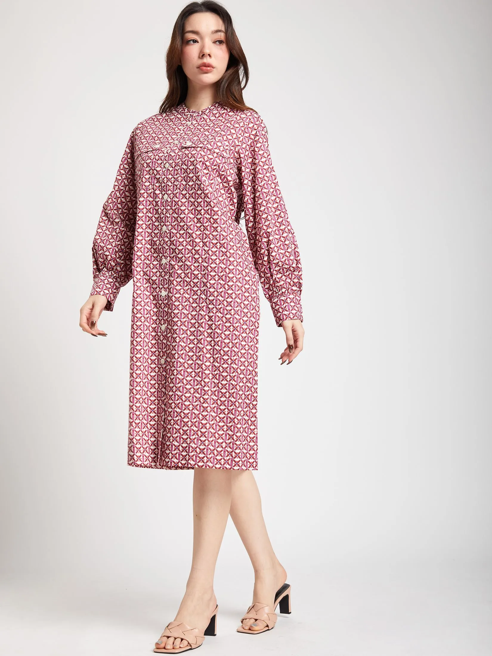 ALUMNUS Women Dress Long Sleeves Collar Two Pockets on Chest Print Burgundy