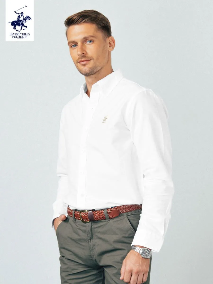 BEVERLY HILLS POLO CLUB Men Cotton Linen Relax Fit Shirt Long Sleeve, White