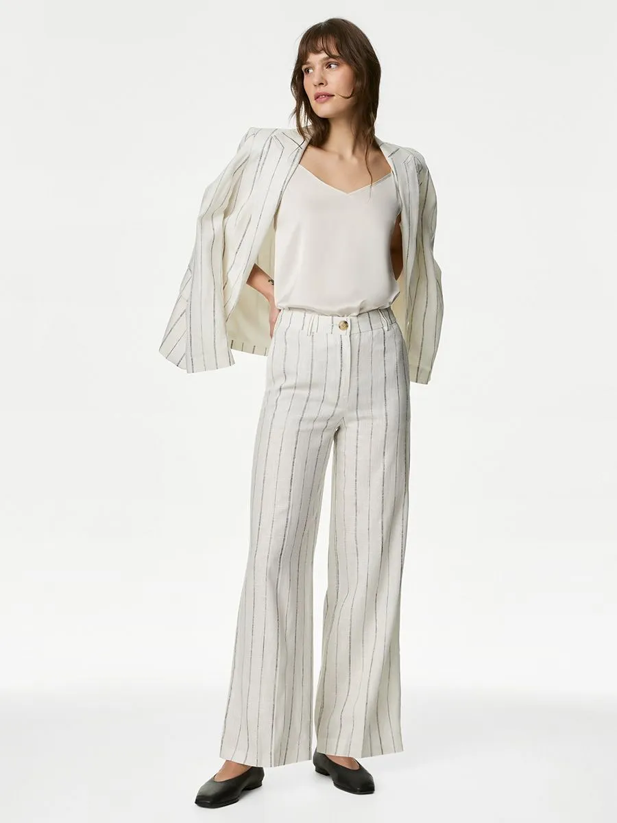 MARKS & SPENCER Women Trousers Wide Leg Linen Rich Striped Ivory Mix