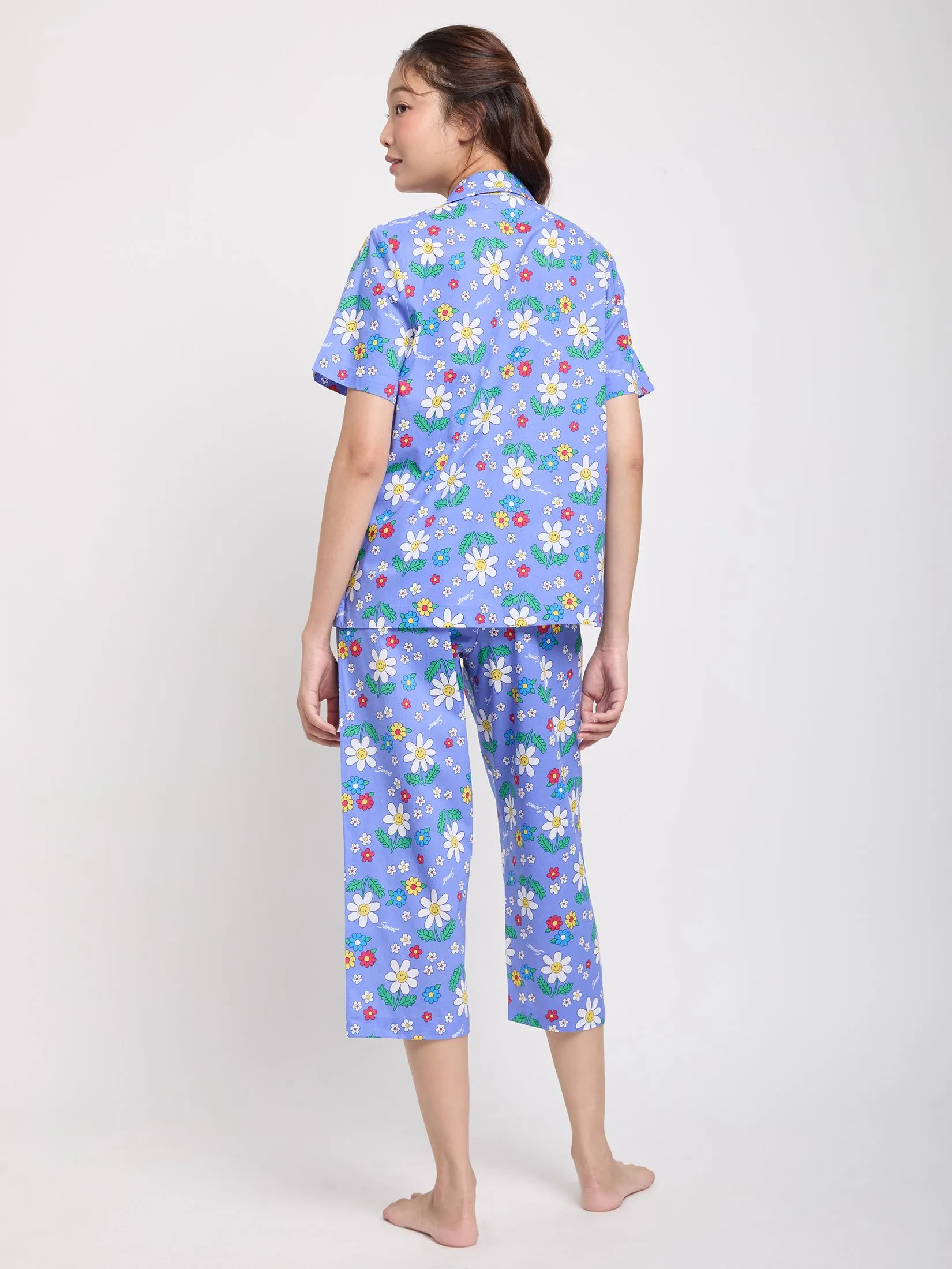 SWEET SENSATIONS Women Pyjamas Hawaii Shirt Short Sleeves + Cropped Pants Print Navy