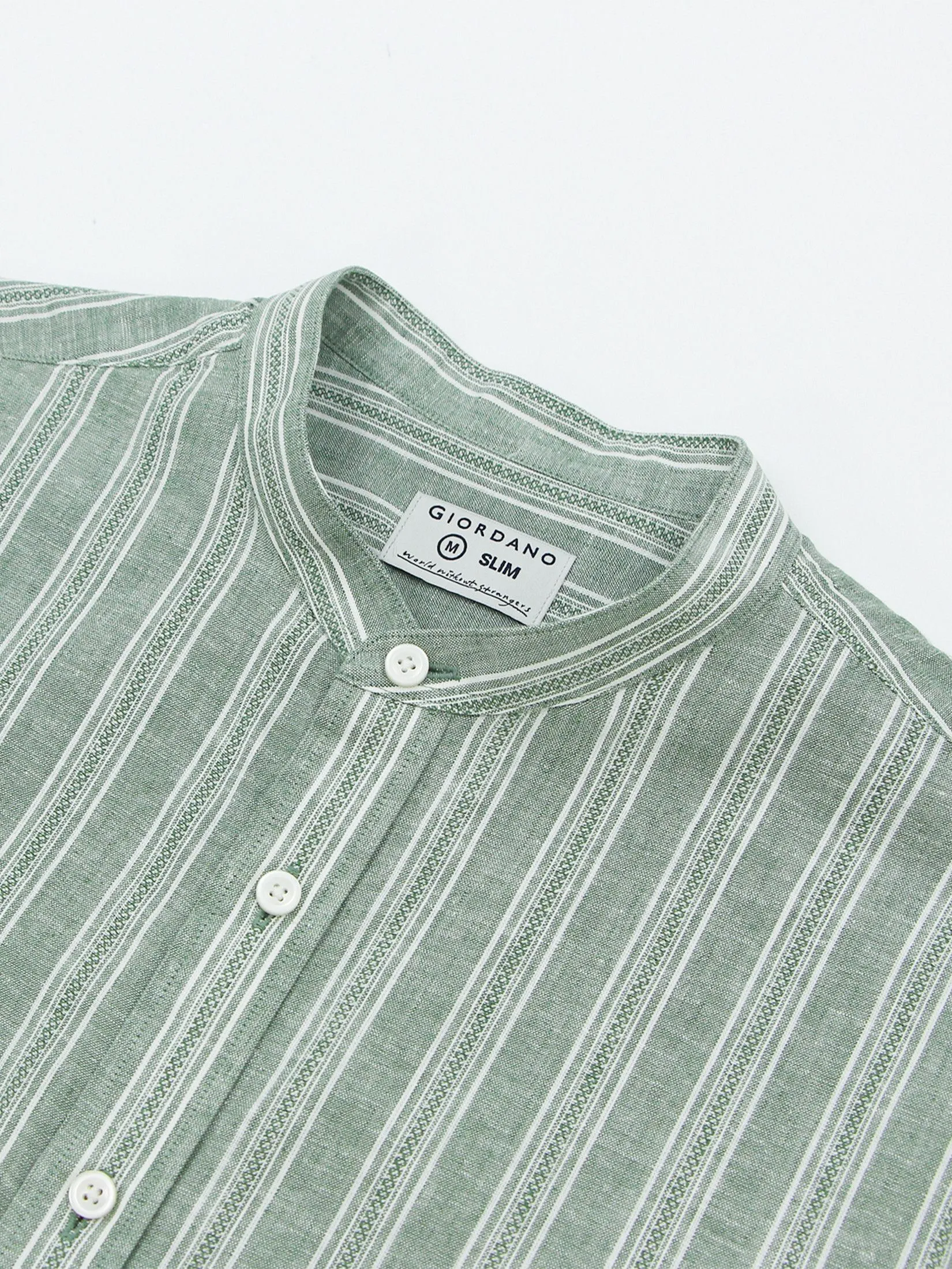 GIORDANO Men's Slim Mandarin Collar Linen Shirt Green x White Dobby