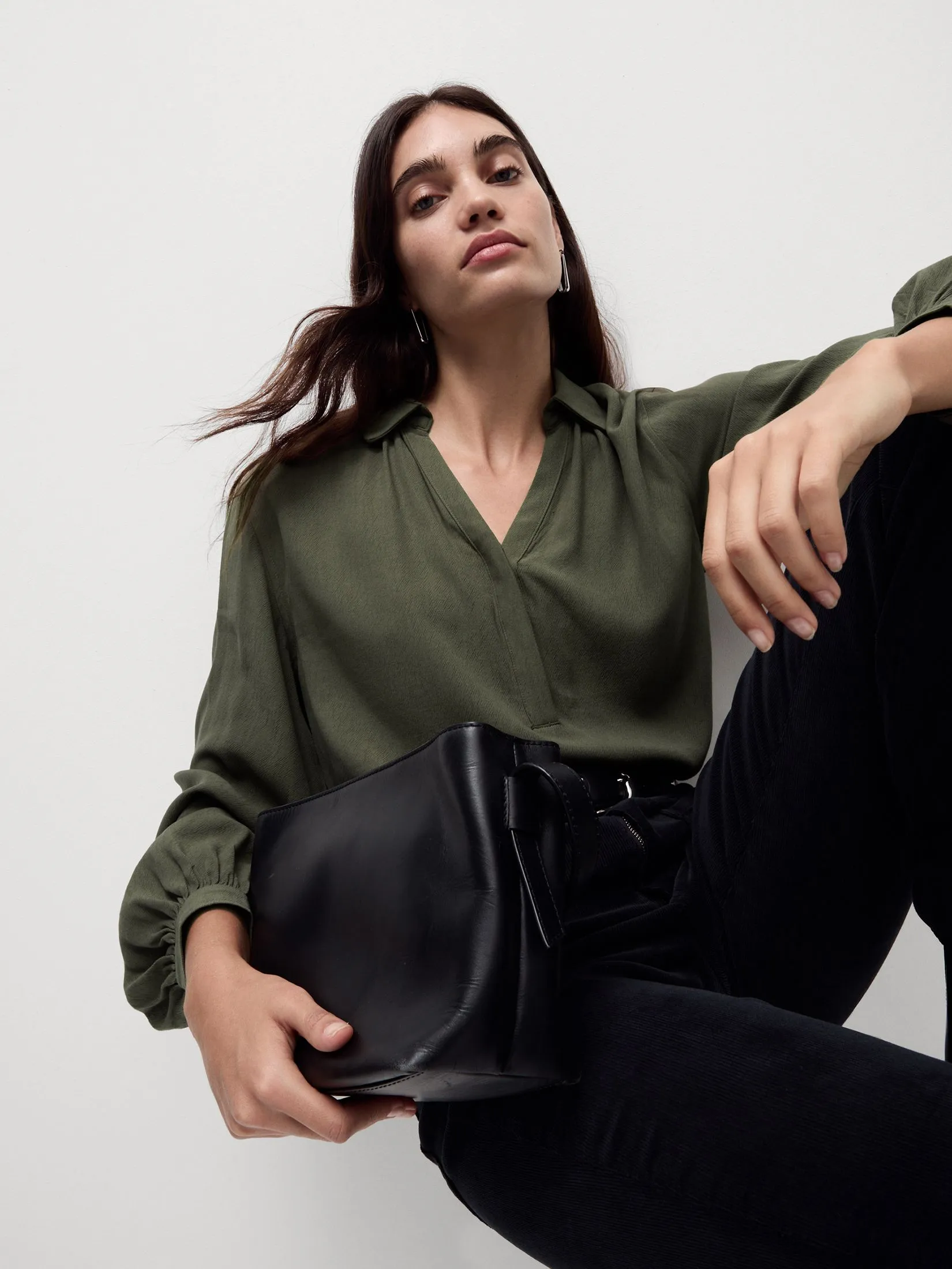 MARKS & SPENCER Women Blouse Lyocell Rich Collared V-Neck Popover Hunter Green