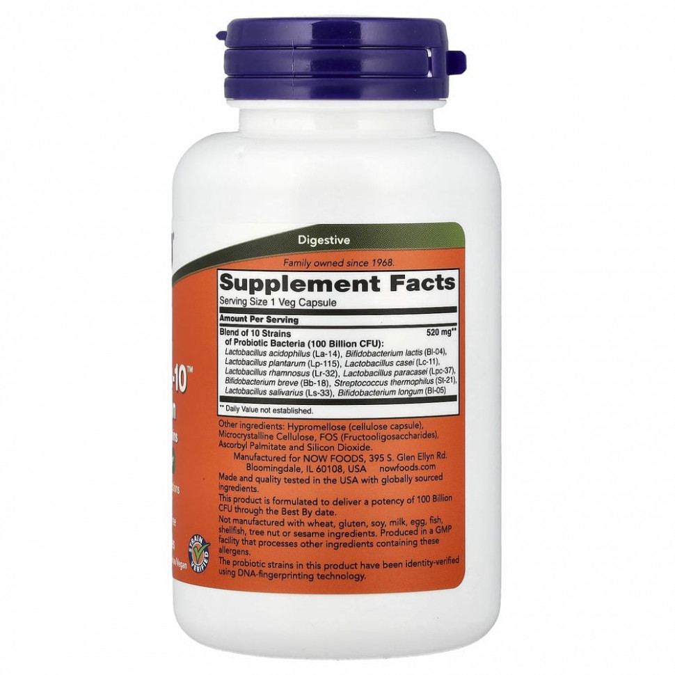 NOW Foods, пробиотик-10, 100 млрд, 60 растительных капсул