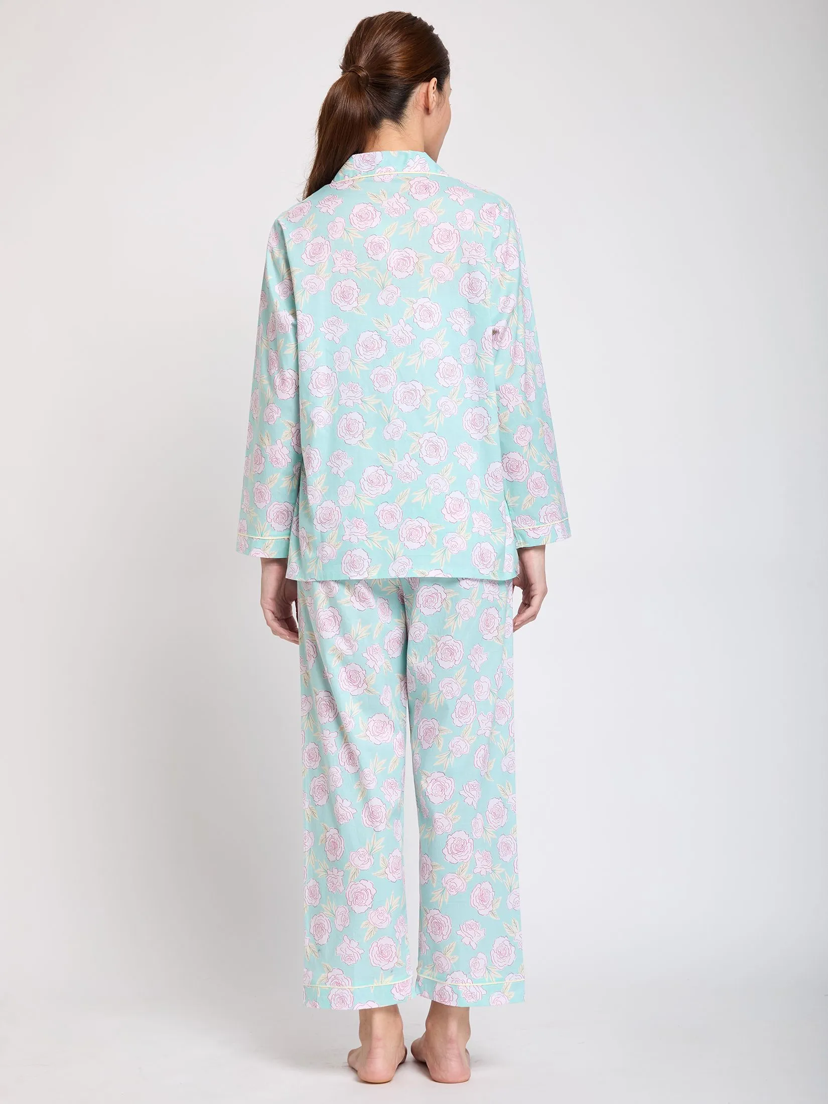 CLAUDIA'S ROMANCE Women Pajamas Set Hawaiian Shirt Long Sleeves + Long Pants Green