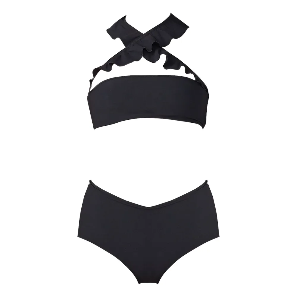 ANGELYS BALEK Black Free Form Ruffle Neck Bikini &High Waist Brief Women Swimsuit