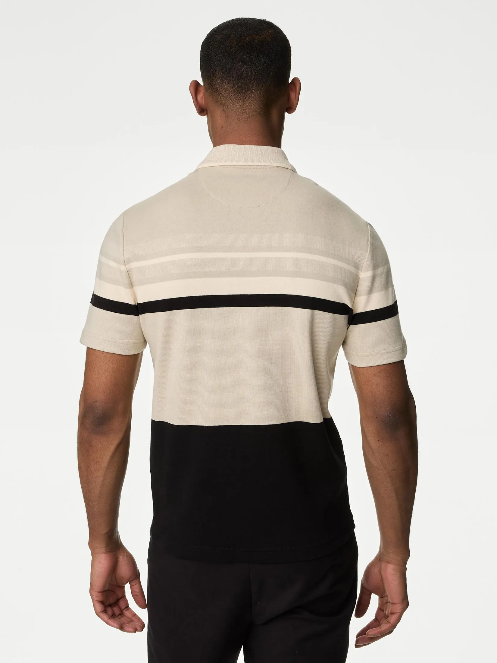 MARKS & SPENCER Men Polo Shirt Pure Cotton Double Knit Striped Natural Mix